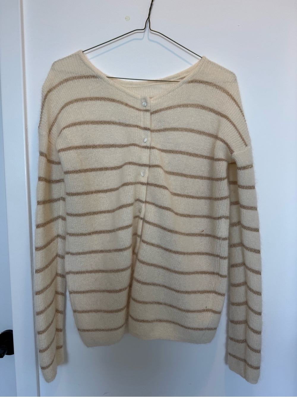 Cream and Tan Striped Button-Back Sweater